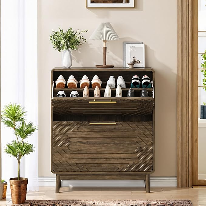 Spaco Walnut Shoe Cabinet for Entryway,Narrow Shoe Storage Cabinet with 2 Flip Drawers,Slim Shoe Rack Organizer for Hallway