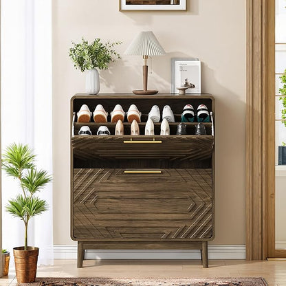 Spaco Walnut Shoe Cabinet for Entryway,Narrow Shoe Storage Cabinet with 2 Flip Drawers,Slim Shoe Rack Organizer for Hallway