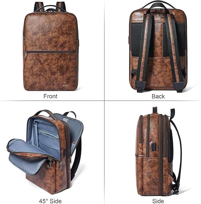Shrrie Vegan Leather Laptop Backpack for Women&Men,16 Inch Expandable Backpack with USB Charging Port,Two-toned Brown