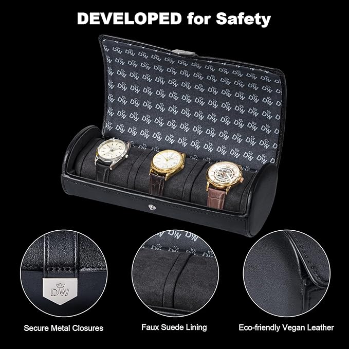 DUKWIN Watch Roll for 3 Watches,Vegan Leather Travel Watch Case Organizer with Removable Pillows for Men and Women,Display Case for Watches Collection and Gift for Anniversary Birthday(Black Storage)