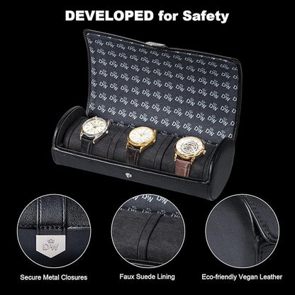 DUKWIN Watch Roll for 3 Watches,Vegan Leather Travel Watch Case Organizer with Removable Pillows for Men and Women,Display Case for Watches Collection and Gift for Anniversary Birthday(Black Storage)