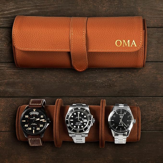 HomeWetBar Durham Custom Leather Jewelry, Bracelet & Watch Roll for Travel - Personalized Leather Case for 3 Watches & Accessories