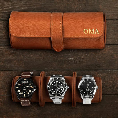 HomeWetBar Durham Custom Leather Jewelry, Bracelet & Watch Roll for Travel - Personalized Leather Case for 3 Watches & Accessories