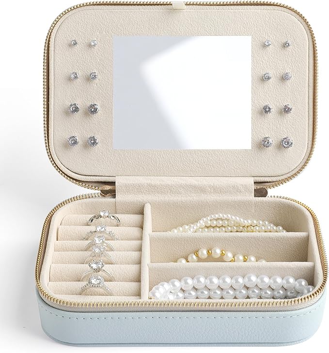 Genuine Leather Travel Jewelry Organizer Case with Mirror for Women, Small Mini Portable Jewelry Box for Ring Earrings Necklace Bracelet Luxury Gift for Women（Black）