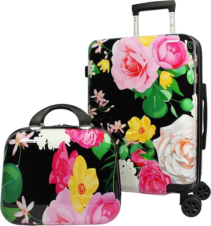 World Traveler VentureX Airline Approved 2-Piece Carry-On Luggage Set – Lightweight Hardside Polycarbonate Suitcase with Spinner Wheels - Peonies