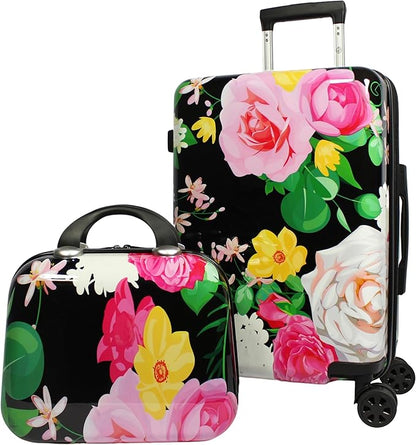 World Traveler VentureX Airline Approved 2-Piece Carry-On Luggage Set – Lightweight Hardside Polycarbonate Suitcase with Spinner Wheels - Peonies