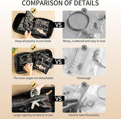 Travel Jewelry Organizer Case with Multiple Clear Zipper Pockets - Ring Binder Style Storage Bag for Necklaces, Earrings, Rings, Bracelets, Ideal for Gifts & Travel(black)