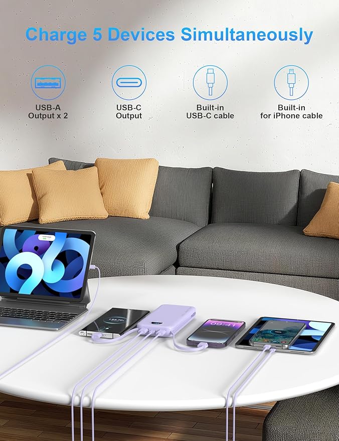 Portable Charger with Wall Plug, 12000mAh USB C Power Bank Fast Charging, External Battery Pack with Built in Cables, Digital Display, 5 Output 4 Input for iPhone Android Cell Phone Tablet