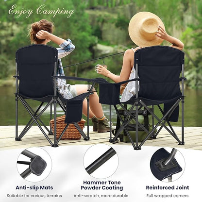HIGH POINT SPORTS Camping Folding Chair, Heavy Duty Oversized Portable Outdoor Chair, Foldable Camp Chair with Cup Holder and Cooler Bag Support 450 LBS, Green…