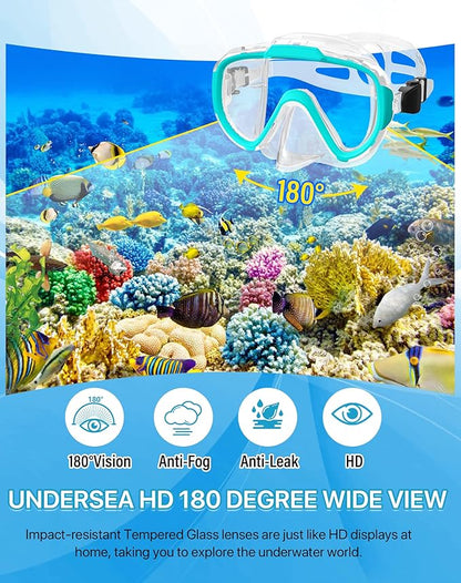 Snorkeling Gear for Adults Men Women,4 in 1 Snorkel Set with Panoramic View Diving Mask Anti-Fog Anti-Leak,Dry Top Snorkel,Fins and Travel Bag for Swimming,Snorkeling and Travel Diving