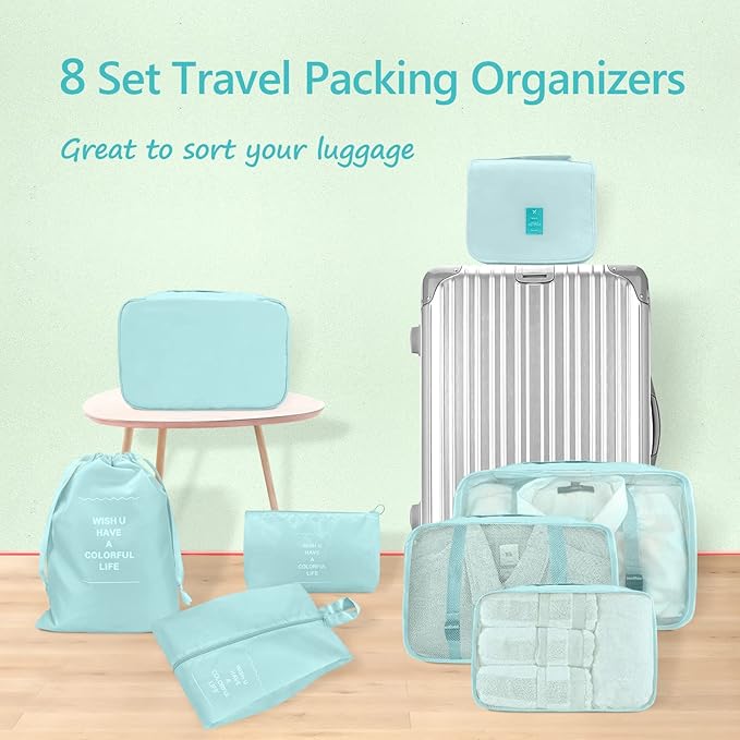 8 Set Packing Cubes, Travel Luggage Packing Organizers (BLUE)