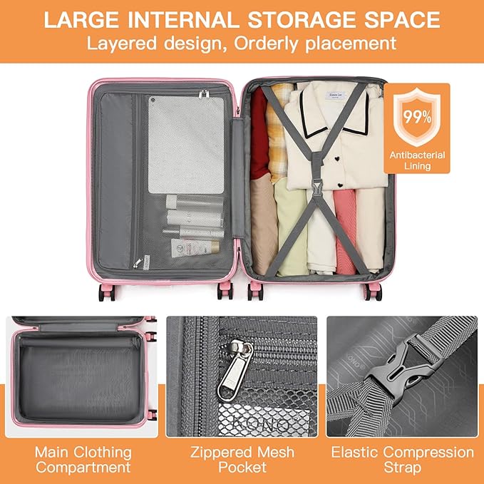 Kono Expandable Luggage 3 Piece Set Hardshell Lightweight 20in 24in 28in Carry On Suitcase with Spinner Wheels TSA Lock(Pink)