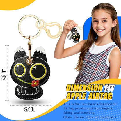 Leather Keychain for Airtag, Cute Protective Keychain Holder Compatible with Apple Air Tag,GPS Item Tracker Case Cover for Keys,Bags,Pets,Luggage(Cat)