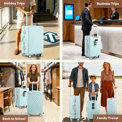 3-Piece Hardside Luggage Sets Aluminum Frame, 20+24+28 Inch Suitcases with USB Charging Port, Foldable Cup Holder, TSA Locks & Spinner Wheels for Travel, Mint Green