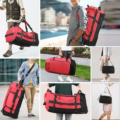 CONTAIL 86L Wheeled Duffel Bag, Soft Shell with Adjustable Web Handles, Carry On Size 29.5x14.2x12.6in, Foldable with Dual Wheels & Shoe Compartment,Red