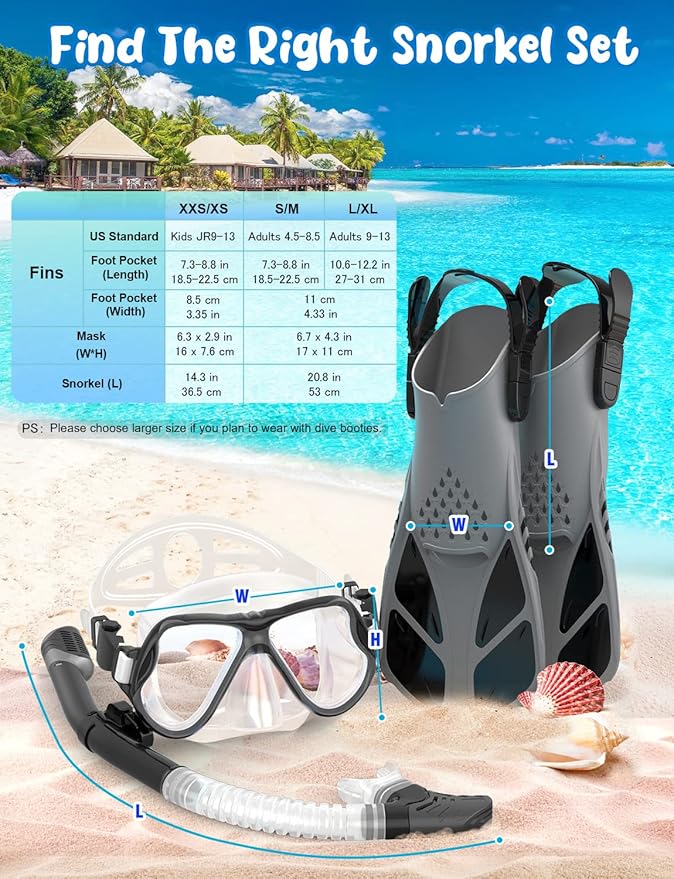 Zenoplige Mask Fins Snorkel Set, Snorkeling Gear for Adults, Panoramic View Snorkel Mask Anti-Fog, Adjustable Dive Flippers, Dry Top Snorkel and Travel Bag, Scuba Gear for Swimming Snorkeling Diving