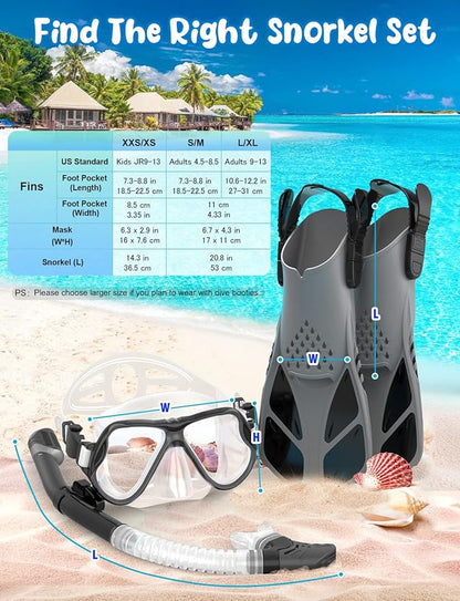 Zenoplige Mask Fins Snorkel Set, Snorkeling Gear for Adults, Panoramic View Snorkel Mask Anti-Fog, Adjustable Dive Flippers, Dry Top Snorkel and Travel Bag, Scuba Gear for Swimming Snorkeling Diving
