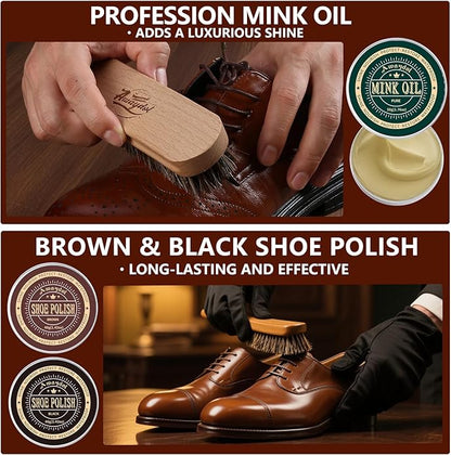 10 PCS Shoe Polish Kit - Horsehair Brushes, Black Brown Polish Cream,Mink Oil Conditioner for Shoes,Polishing Cloth, Leather Boots Shine Care Kit ﻿Gift for Men Cowboy Husband Dad ﻿