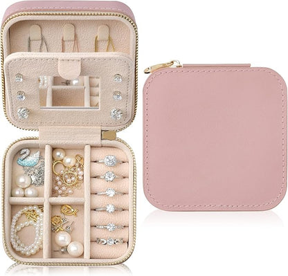 Genuine Leather Travel Jewelry Case Organizer with Mirror for Women, Small Jewelry Box Portable Mini Jewelry Case for Earring, Ring, Necklace, Bracelet(Pink)