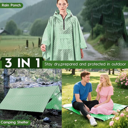 Bruvoalon 3-in-1 Rain Poncho with 1/4 Zip & Chest Pocket, Waterproof, Sunshade, Ground Mat for Adults & Youth Emergency