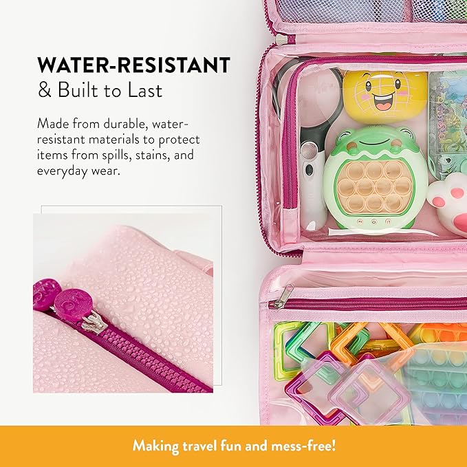 Kids Travel Organizer – Multi-Compartment, Water-Resistant Hanging Bag for Toys, Snacks, & Activities - Compact, Lightweight Design with Hook & Carry Handle - Perfect for Travel Use (Pink, Large)