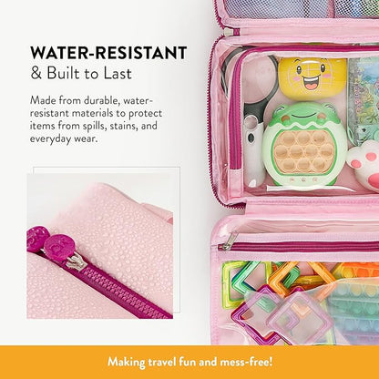 Kids Travel Organizer – Multi-Compartment, Water-Resistant Hanging Bag for Toys, Snacks, & Activities - Compact, Lightweight Design with Hook & Carry Handle - Perfect for Travel Use (Pink, Large)