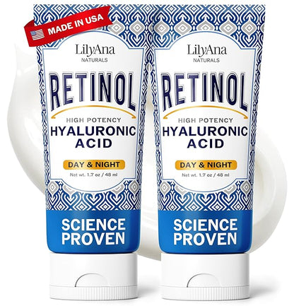 LilyAna Naturals Retinol Cream - Anti-Aging Moisturizer for Face & Neck, Made in USA, Wrinkle Reduction - 1.7oz, 2 Pack