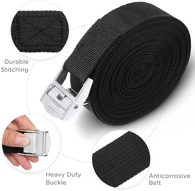 Riakrum 15 Pack 20 Feet Lashing Straps Adjustable Kayaks Tie Down Cam Buckle Straps with Buckles up to 250lbs for Cargo, Luggage, Motorcycles, Truck, Car Roof Rack, Sup Surfboard(Black)