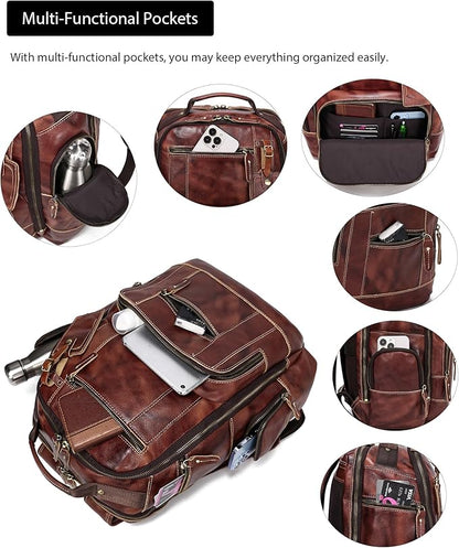 LANNSYNE Full Grain Leather Backpack For Men, Fits 16" Laptop, Coffee