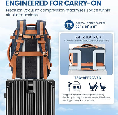 Fanwoli Vacuum Travel Backpack, Carry On Luggage with TSA Lock & Anti Theft Zipper, Expandable Airback with Compression Pump, Waterproof Laptop Bag Ideal for Flight & Business