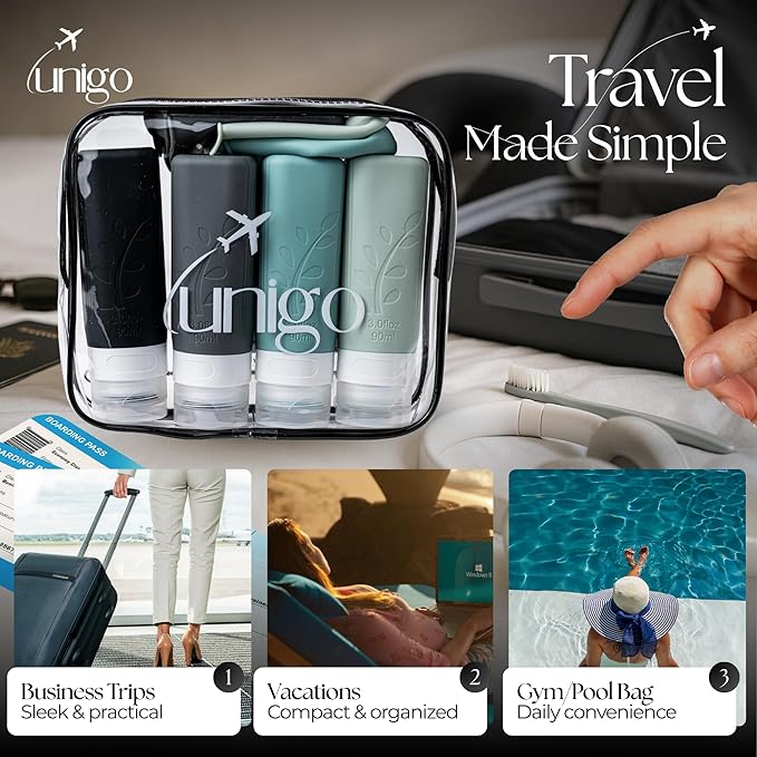 unigo Travel Bottles For Toiletries, 3 oz TSA Approved Containers, Travel Size Toiletries, Shampoo and Conditioner Bottles, Leak Proof and Refillable Bottles, BPA Free, Extra Bottle Covers (Gray)
