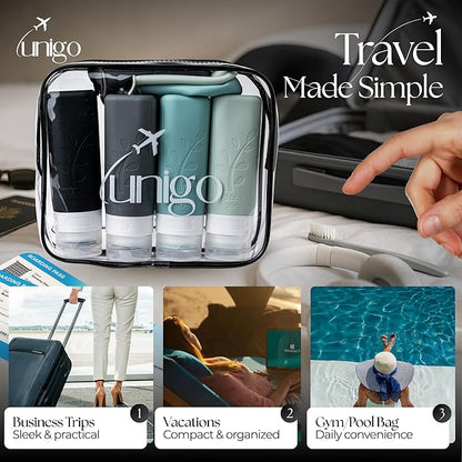 unigo Travel Bottles For Toiletries, 3 oz TSA Approved Containers, Travel Size Toiletries, Shampoo and Conditioner Bottles, Leak Proof and Refillable Bottles, BPA Free, Extra Bottle Covers (Gray)