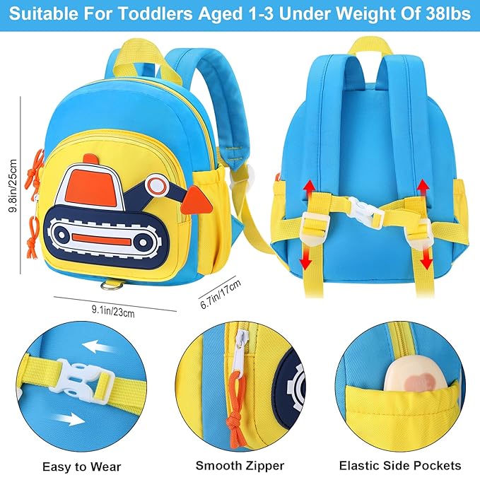 Accmor Toddler Leash Backpack, Cute Excavator Backpacks with Anti Lost Wrist Link, Kid Walking Harness Back Pack Travel Essential Mini Rucksack Bag with Restraints Hand Strap Tether for Baby Boys