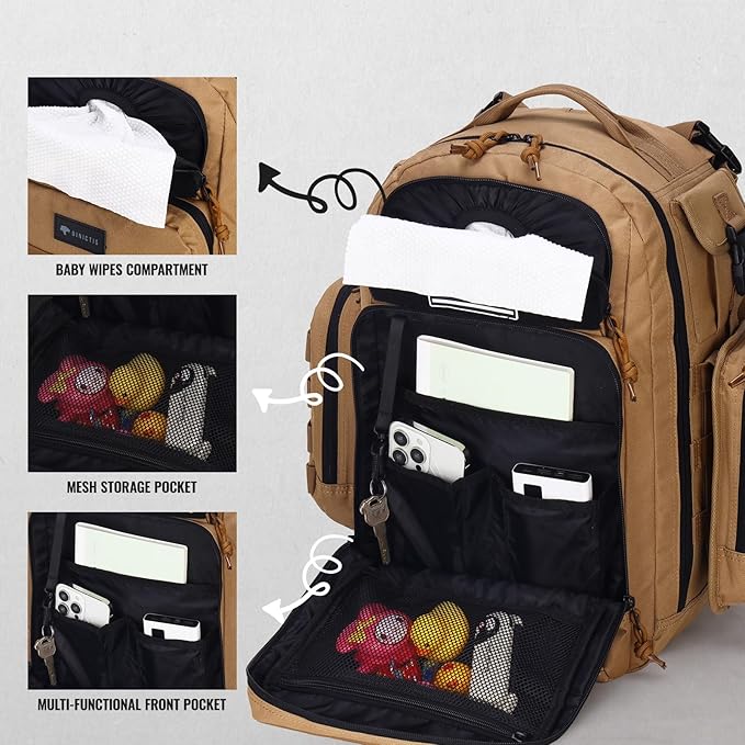 Dinictis Dad Diaper Bag, Mens Diaper Bag Backpack with Diaper Changing Mat, Military Diaper Backpack with Molle Webbing, Waterproof Pouch, Baby Wipes pocket, Insulated Bottle Pockets- Jungle Brown