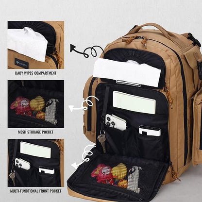 Dinictis Dad Diaper Bag, Mens Diaper Bag Backpack with Diaper Changing Mat, Military Diaper Backpack with Molle Webbing, Waterproof Pouch, Baby Wipes pocket, Insulated Bottle Pockets- Jungle Brown