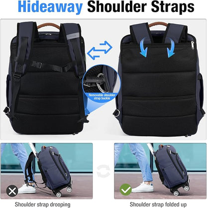 Lekebobor Travel Rolling Backpack, 18 inch Waterproof Bag with 360° Wheels for 15.6" Laptop, Convertible Airline Approved Travel Back Pack for Men & Women, Business, Commuter
