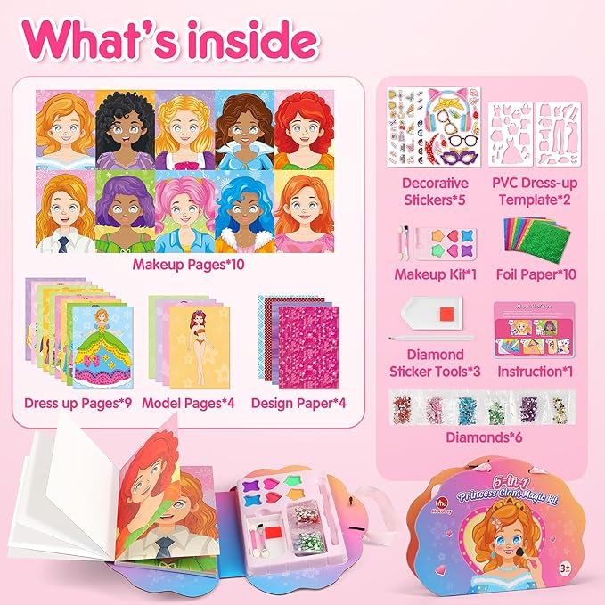 Mocoosy Princess Makeup Art Craft Kit for Girls, Foil Crafts & Gem Painting, Paper Doll Makeup Activity Kit for Kids Ages 4-8, Dress Up Sticker Books, Travel Toys Birthday Gift 5 6 7 8 9 Years Old