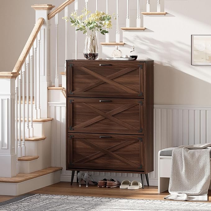 Shoe Organizer Cabinet Narrow with 3 Flip Drawers Shoe Rack Cabinet Hidden Slim Freestanding Shoe Storage Cabinet 24 Shoes for Entryway,Living Room, Rustic Walnut