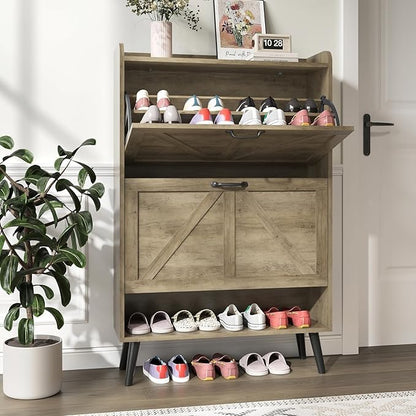 Shoe Storage Cabinet with 2 Flip Drawers, Hidden Shoe Cabinet Storage for Entryway Slim, Farmhouse Shoe Organizer Entryway with Wood Legs, Narrow Shoe Rack Cabinet, Rustic Oak