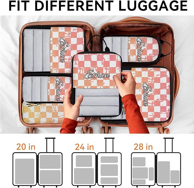 Custom 6 Set Compression Packing Cubes with Name Personalized Compressible Expandable Packing Organizers Luggage Carry On Suitcase Bags Travel Accessories Gifts, Orange Rose Gradient