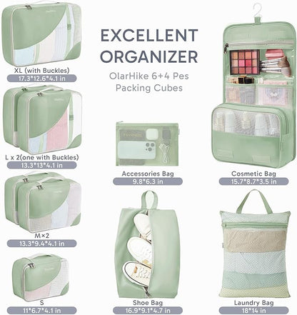 ALL INCLUDED 10 Set Durable Packing Cubes for Suitcases,OlarHike Essentials for Travel,UPGRADED Anti-Tear Stitching, NEW Improved Luggage Packing Organizers for Travel Accessories, Matcha Green