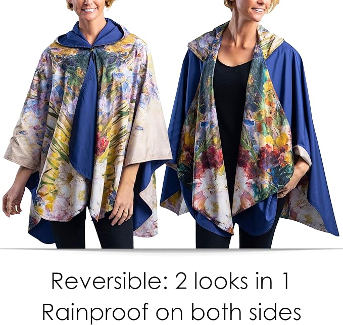 RainCaper Tiffany Peonies and Iris Womens Rain Cape Poncho with Hood Reversible