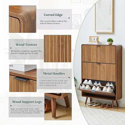 Slim 47" Fluted Shoe Cabinet with 3 Flip Drawers, Curved Hidden Shoe Cabinet Organizer, Narrow Shoes Storage Rack for Entryway (All Walnut-3 Drawers)