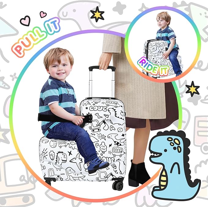 smilesun Kids Ride-On Suitcase with DIY Graffiti Coloring Design, 20" Hardshell Luggage with 4 Spinner Wheels, Safety Belt & TSA Lock – Fun and Rideable Travel Case for Toddlers and Children