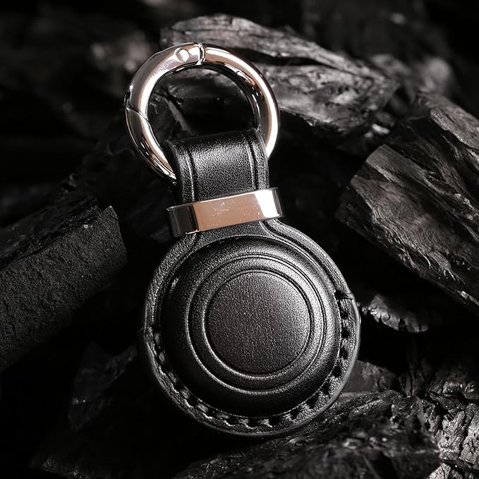 Genuine Leather Keychain Holder Compatible with AirTag - Secure Case Cover Key Ring Chain Fob Accessories Intended for Air Tag - Black