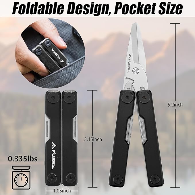 FLISSA 11-in-1 Multitool Scissors with Knife, Foldable Mini Multitool, Stainless Steel Scissors with Aluminum Handles, Spring - EDC for Camping, Hiking, Fishing, Emergency, Black