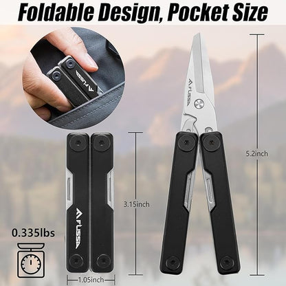 FLISSA 11-in-1 Multitool Scissors with Knife, Foldable Mini Multitool, Stainless Steel Scissors with Aluminum Handles, Spring - EDC for Camping, Hiking, Fishing, Emergency, Black