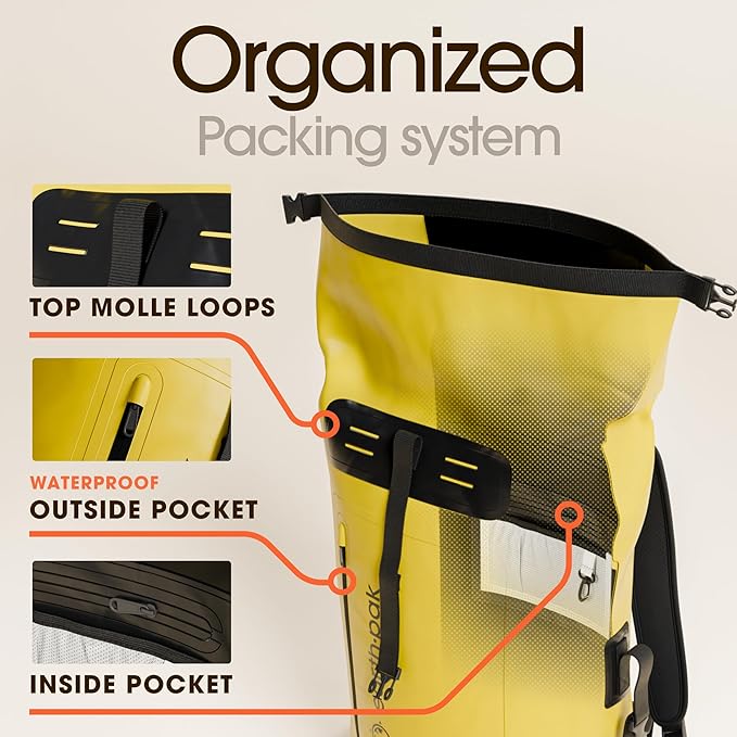 Earth Pak Waterproof Backpack - Heavy Duty Roll-Top Closure with Easy Access Front-Zippered Pocket and Cushioned Padded Back Panel for Comfort with IPX8 Waterproof Phone Case, Yellow, 85L, Messenger