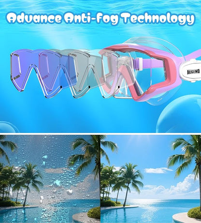 Aegend Snorkeling Gear for Adults Youth Kids, Dry Snorkel Set Panoramic View Enhanced Anti-Leak and Anti-Fog Technology, Adjustable Strap for Snorkeling Scuba Diving Swimming with Mesh Bag
