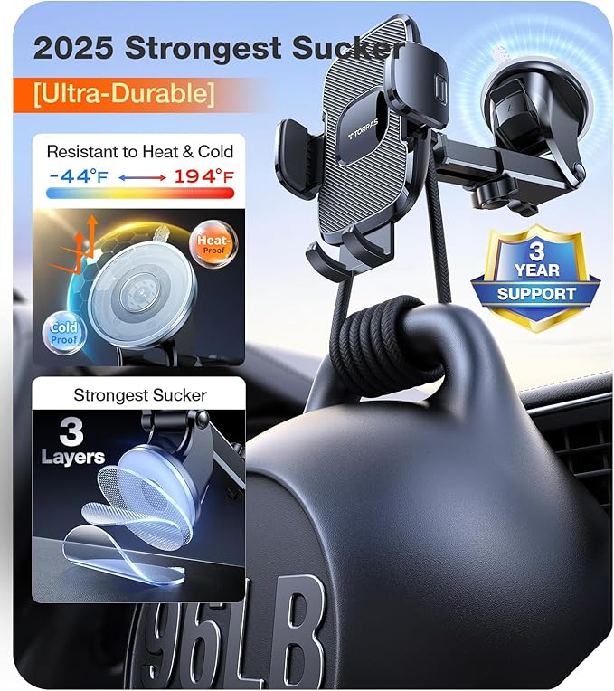 TORRAS Ultra-Durable Phone Holders for Your Car【96+LBS Strongest Suction】 Car Phone Holder Mount, Safety Certs Cell Phone Car Mount Truck for Dashboard Windshield Vent for iPhone 17 16 15 14 Pro Max